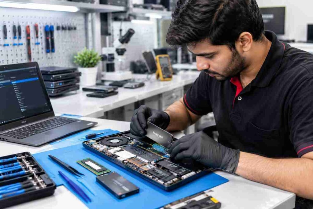 Technician Installing Laptop SSD Upgrade